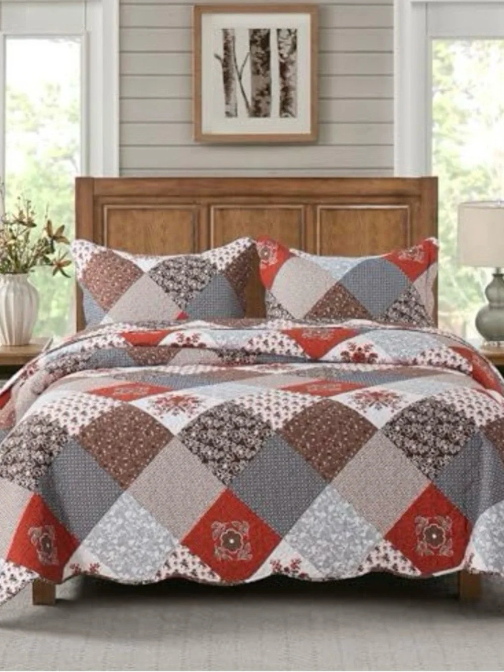 Honeylove Quilted Patchwork Bedspread in Rust, Brown & Gray